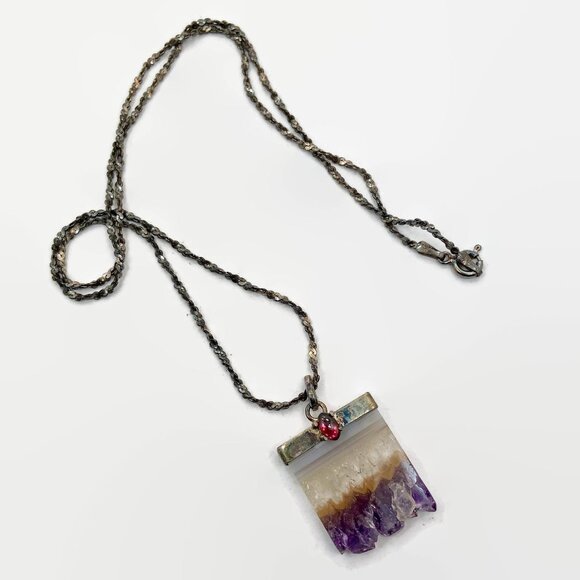Amethyst Pendant, Amethyst Slice, Sterling Silver, Tourmaline,  Necklace, Chain - Picture 7 of 7